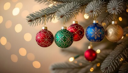 Stunning Christmas tree ornaments creating festive holiday magic with bokeh lights background