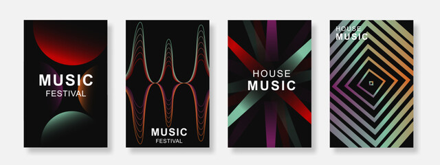 Minimalist music poster background set. Modern sound cover template with gradient geometric shape design. Suitable for party, music festival, club, social media banner. Vector