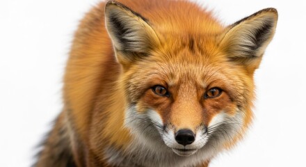 Red fox close-up portrait, intense gaze, fluffy fur, white background