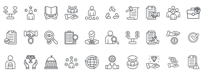 Business Ethics Icon Set. Contains Icons That Are Relevant For Business. Designed In Vector Outline Style