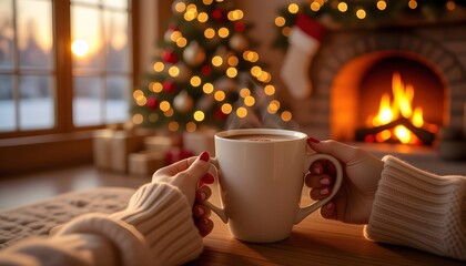 Cozy Christmas morning with hot cocoa by the fireplace and decorated tree in background