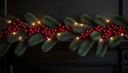 Elegant Christmas garland with bright red berries and warm festive lights on dark background for holiday cheer