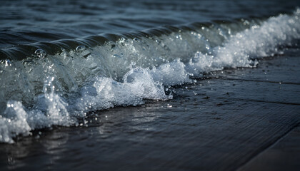 Fototapeta premium Close up of a small ocean wave crashing on a dark wet surface