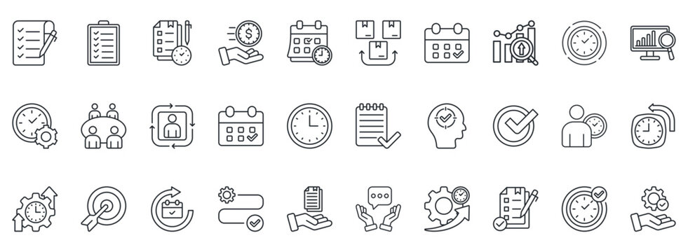 Time Management Icon Set. Contains Icons That Are Relevant For Business. Designed In Vector Outline Style