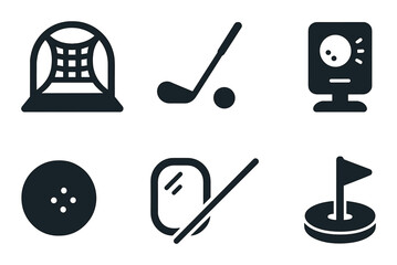 Sports icon set: golf, bowling, hockey, mini golf elements on dark background