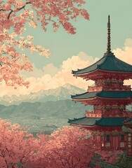 Traditional japanese pagoda surrounded by blooming cherry blossom trees with distant mountains