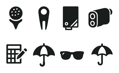Golf equipment icons featuring ball marker, divot tool, and rangefinder