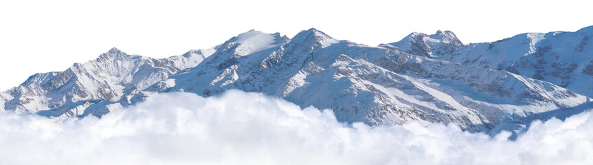 View of mountain top through clouds on isolated transparent background. PNG