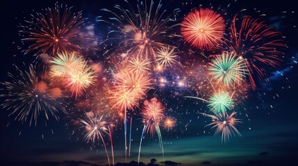 Obraz premium A vibrant display of colorful fireworks illuminates the night sky, creating a festive and celebratory atmosphere.