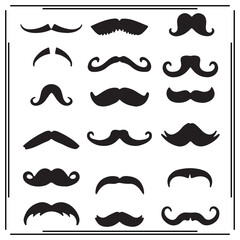 Collection of Black Mustache Icons - Various Styles including Curled, Twisted, Handlebar, and Classic Mustaches - Vector Icons for Facial Hair, Grooming