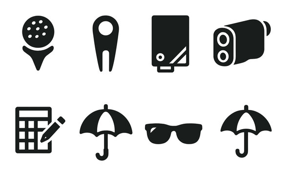 Golf equipment icons featuring ball marker, divot tool, and rangefinder