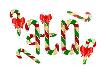 Holiday lollipop, sugar cane, Christmas candy with a bow, bright design pattern.