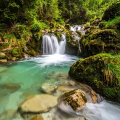 Obraz premium Serene Waterfall Flowing Through Lush Green Forest.