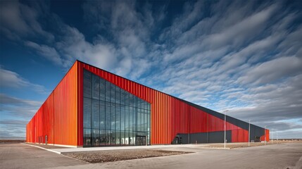 Fototapeta premium A modern building with striking orange and black panels, featuring large glass windows under a dynamic sky.