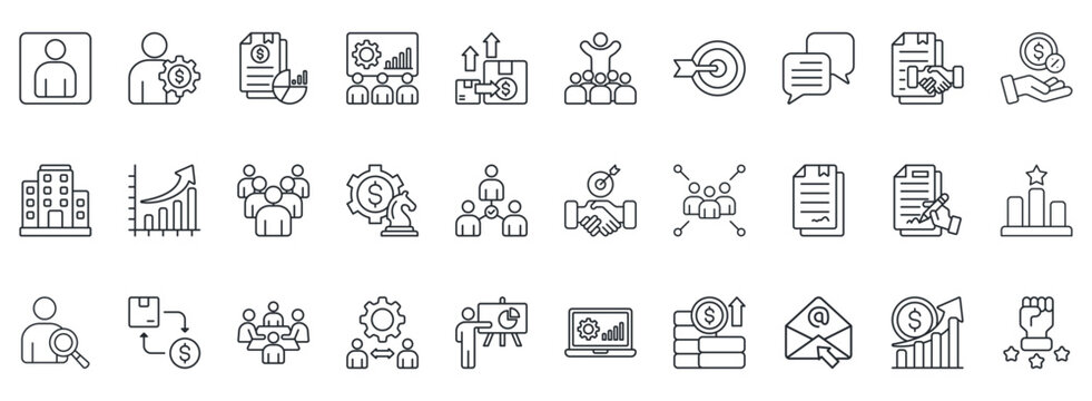 Sales Team Icon Set. Contains Icons That Are Relevant For Business. Designed In Vector Outline Style