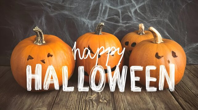 Glowing jack-o’-lanterns on rustic wooden table, “Happy Halloween” scrawled in white chalk, silver spider-web threads against pure black backdrop