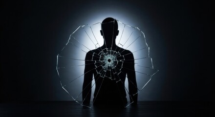 Obraz premium Silhouetted figure with shattered glass radiating from chest, moody, dark, and mysterious