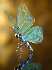 Macro close-up of a dragonfly with wings resting on a green leaf in nature