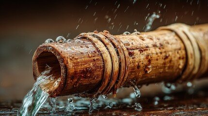Top-down bamboo water wheel close-up, warm wood tone with mossy stone steps, copy space for eco real-estate ad, green campaign poster or reel cover