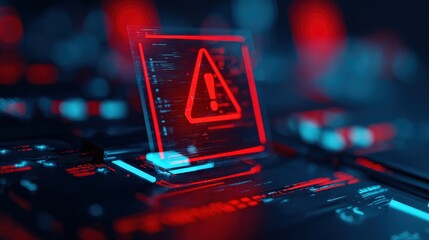 A digital alert symbol glows in vibrant red and blue hues, set against a futuristic background of circuit patterns and technology.