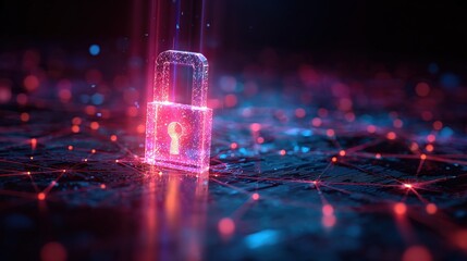 A glowing digital padlock surrounded by a network of colorful data points, symbolizing cybersecurity and data protection.