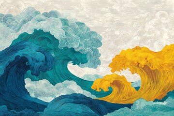 Abstract swirling waves in vibrant blue and yellow, evoking a sense of dynamic motion and artistic expression