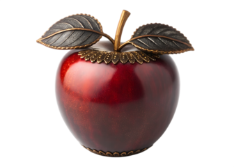 Shiny red apple with metal leaves isolated on transparent background