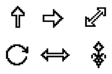 Obraz premium Pixelated arrow icons: directional, rotational, movement, expansion, enlarged, reposition