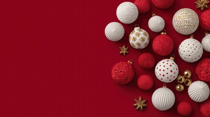 Festive Christmas Ornaments Arranged on a Red Background with Gold Accents
