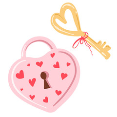 Heart Lock and Key Vector Illustration. Valentines Day. Hand Drawn Illustration