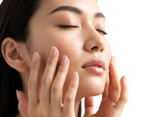 Young woman with closed eyes gently touching face, expressing beauty, serenity, skincare, wellness, softness, and confidence