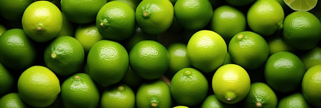 Fresh, vibrant limes arranged closely together, showcasing their rich green color and smooth texture, ideal for culinary uses or beverages.