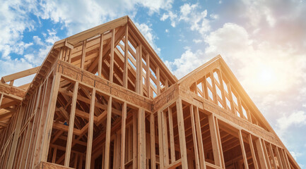 Wood frame building reaches upward, sunlight shines on beams and open structure beneath scattered clouds on a clear day.