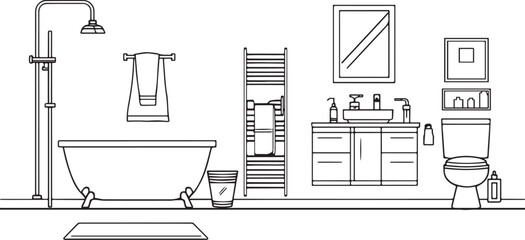 Black-and-white line drawing of a bathroom layout with shower, bathtub, sink, toilet, and mirror. Useful for interior design, planning, and architectural visuals