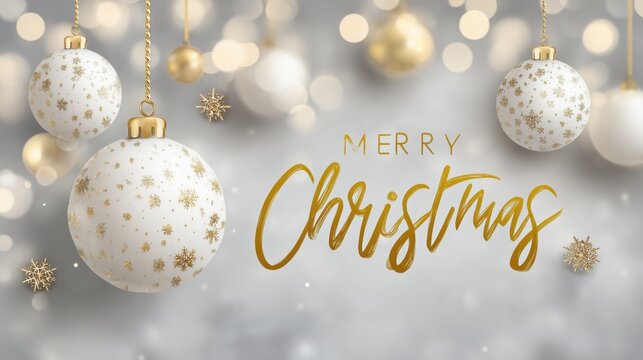 Festive Christmas Decorations with White and Gold Ornaments, Snowflakes, and Bokeh Background for Holiday Greetings and Seasonal Design