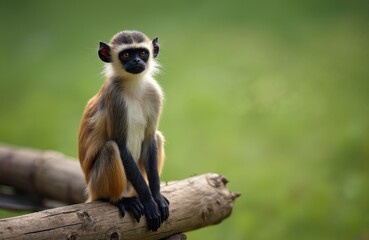 Obraz premium White-bellied spider monkey sits on tree branch. Primate has brown fur and black face with large eyes. Animal looks alert in green forest background. Wildlife observation in natural habitat.