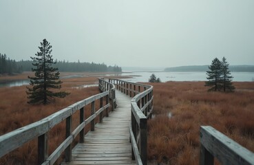 Naklejka premium Wooden boardwalk path through marshland with grass. Scenic path curves through wet lands with tranquil water, conifer trees under grey sky. Tourist destination to explore eco system.