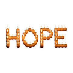 The word hope spelled out with lit candles creating a warm glow against a dark background isolated on transparent background