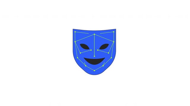 Facial recognition technology mask 2D cartoon object animation. Face detection connectivity. Theatrical mask overlaid with nodes network animated flat colorful item 4K video isolated on white