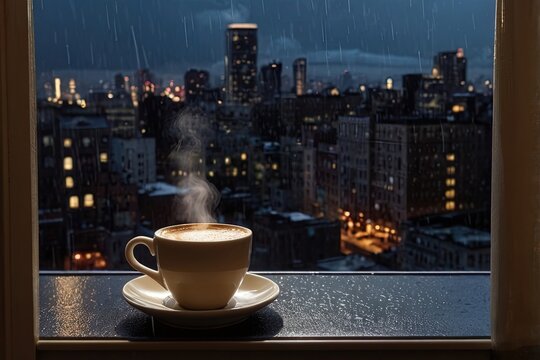 A steaming cup of coffee sits on a window