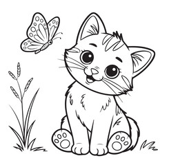 kids coloring pages, Cheerful kitten sits playfully watching a butterfly near grass in a line art rendering