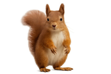 Obraz premium Red squirrel standing upright, holding front paws, looking directly at the camera. Transparent background