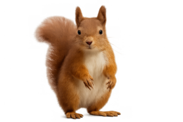 Red squirrel standing upright, holding front paws, looking directly at the camera. Transparent background