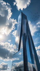 Modern Glass Skyscraper Against Blue Sky with Clouds and Birds, Urban Architecture AI