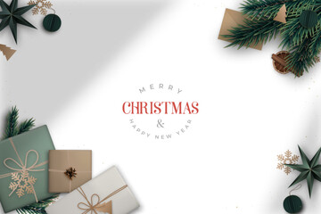Rustic design showcasing Christmas gifts and pine branches, perfect for festive greetings