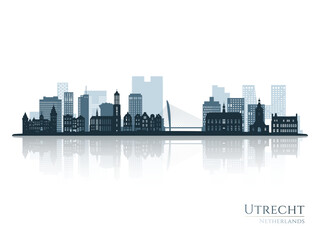 Utrecht skyline silhouette with reflection. Landscape Utrecht, Netherlands. Vector illustration.