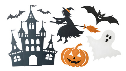 Playful Halloween design featuring haunted castle, flying witch, carved pumpkins, ghosts, bats, and a crescent moon.