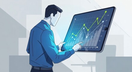 Geometric Businessman Analyzing Dynamic Financial Growth Chart on Modern Tablet Screen.