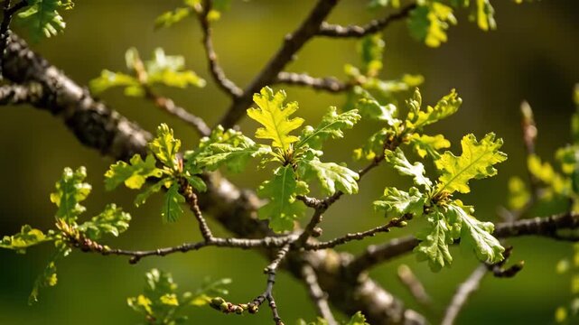 Young oak tree rapidly blossoms and leafs out, a timelapse depicting its vibrant spring awakening as lush green foliage emerges awakening, sapling, passing