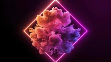 Vibrant 4K Video Smoke Explosion Effect with Neon Geometric Frame on Black Background